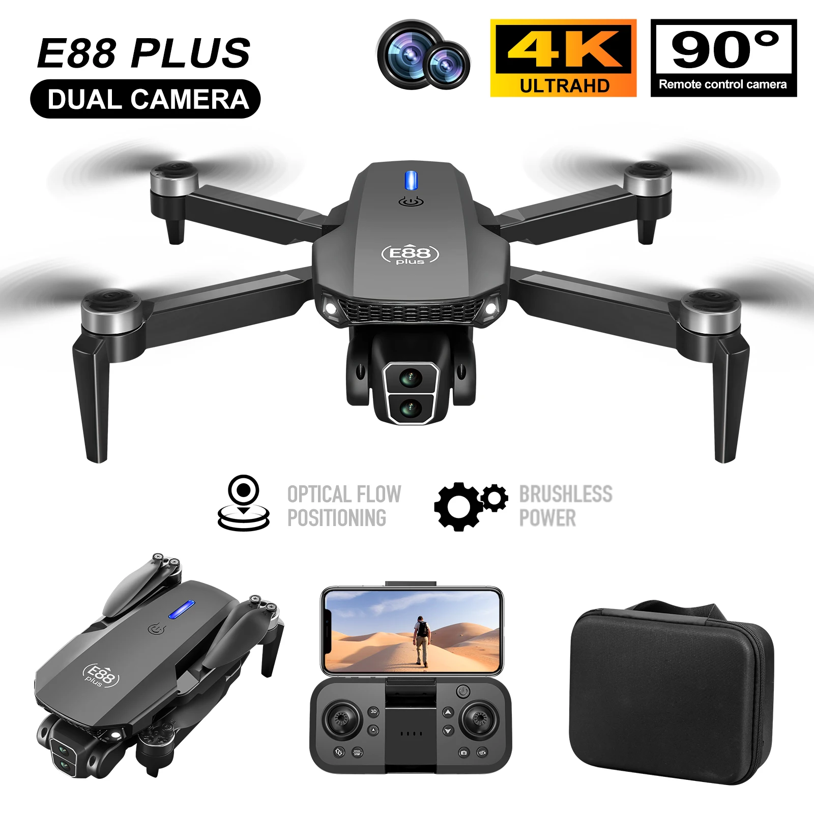 Drone Cinematic - 新型E88 Plusクアッドコプタードローン：90 ° 電動調整カメラ、ブラシレスモーター、オプティカルフローポジショニングおもちゃ
